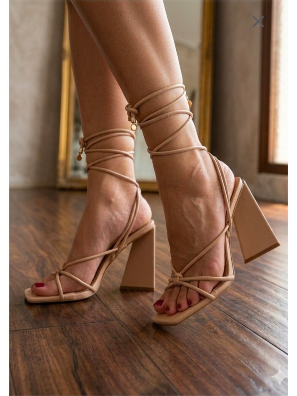 Nude Strappy Block Heel Sandals With Ankle Tie Design Square Toe